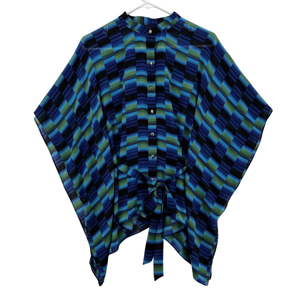 Chaus Blouse Womens Small Blue Green Plaid Stripe Button Front Tie Waist Top